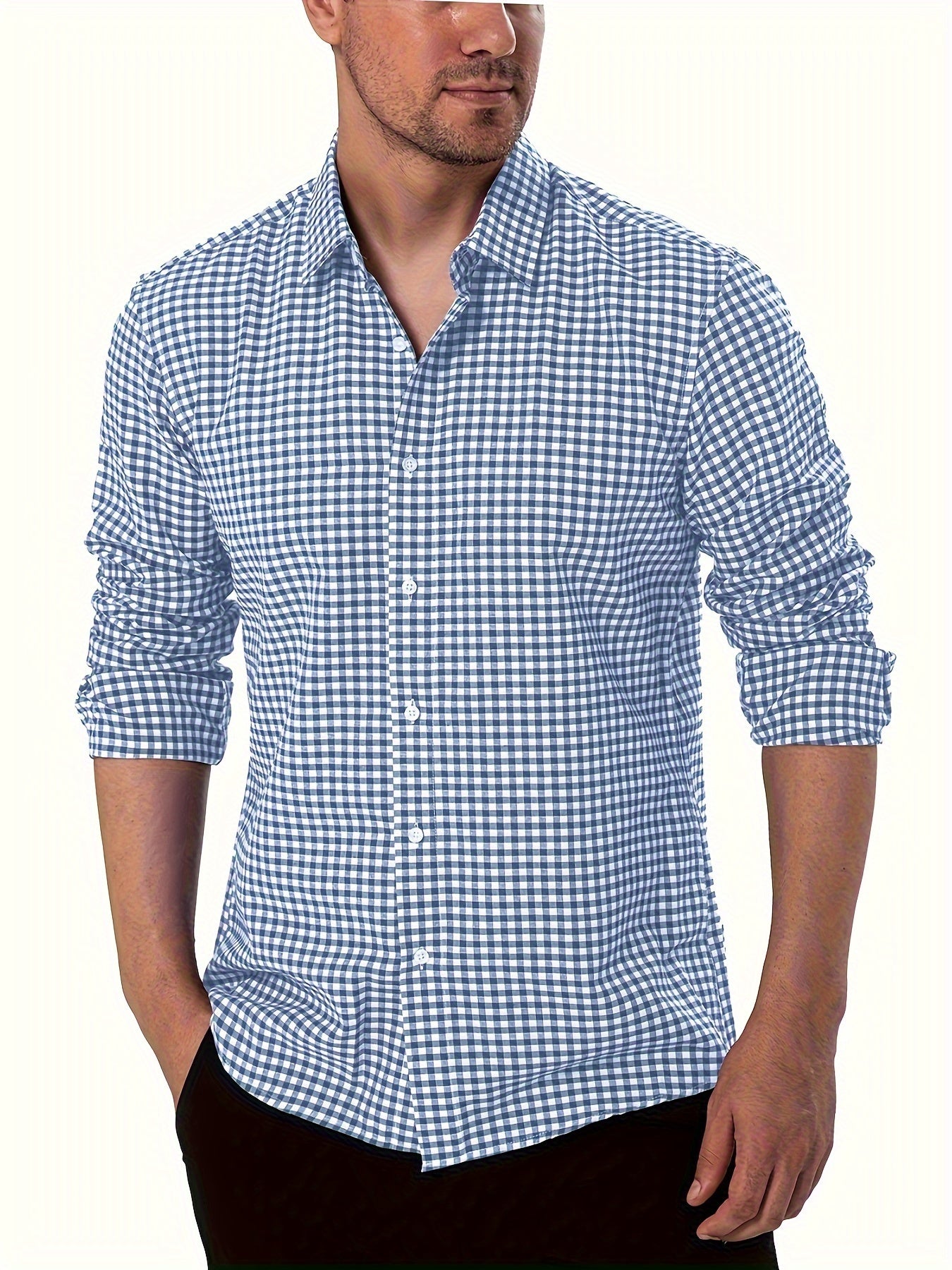 Spring And Fall Pure Cotton Plaid Dress Shirt For Men, Long Sleeve Buttoned Lapel Collar Business Shirt For Formal Occasions