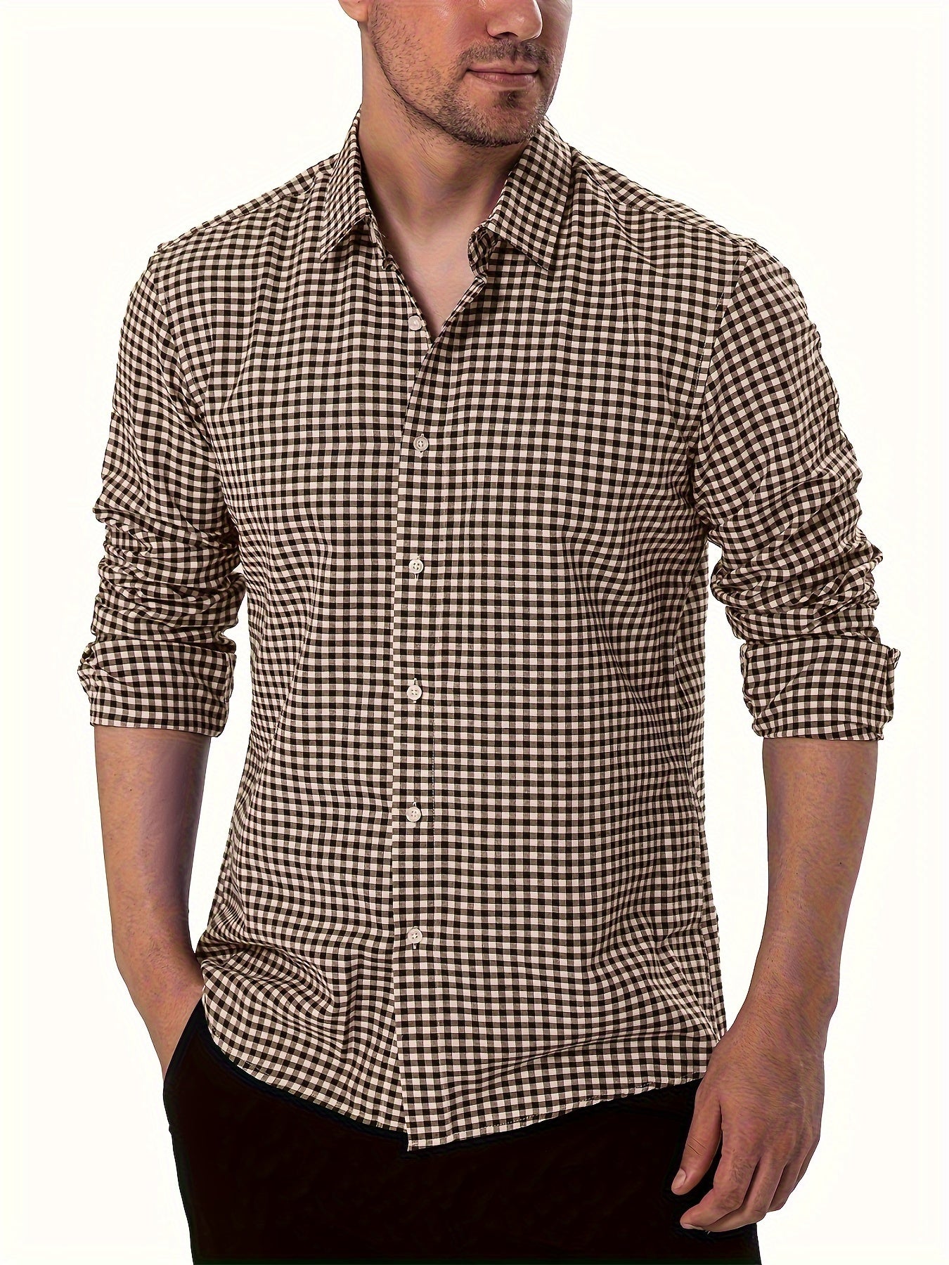 Spring And Fall Pure Cotton Plaid Dress Shirt For Men, Long Sleeve Buttoned Lapel Collar Business Shirt For Formal Occasions