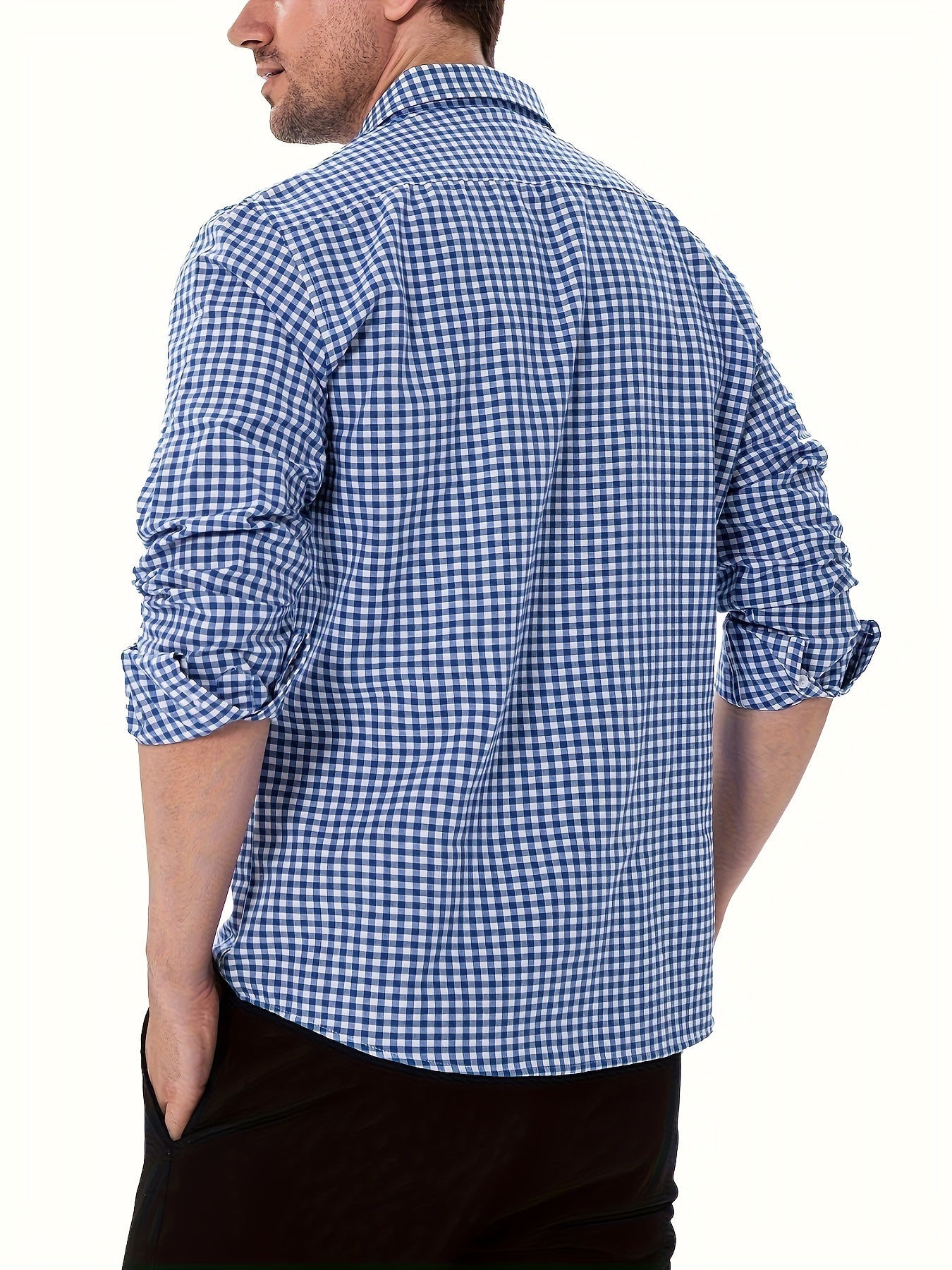 Spring And Fall Pure Cotton Plaid Dress Shirt For Men, Long Sleeve Buttoned Lapel Collar Business Shirt For Formal Occasions