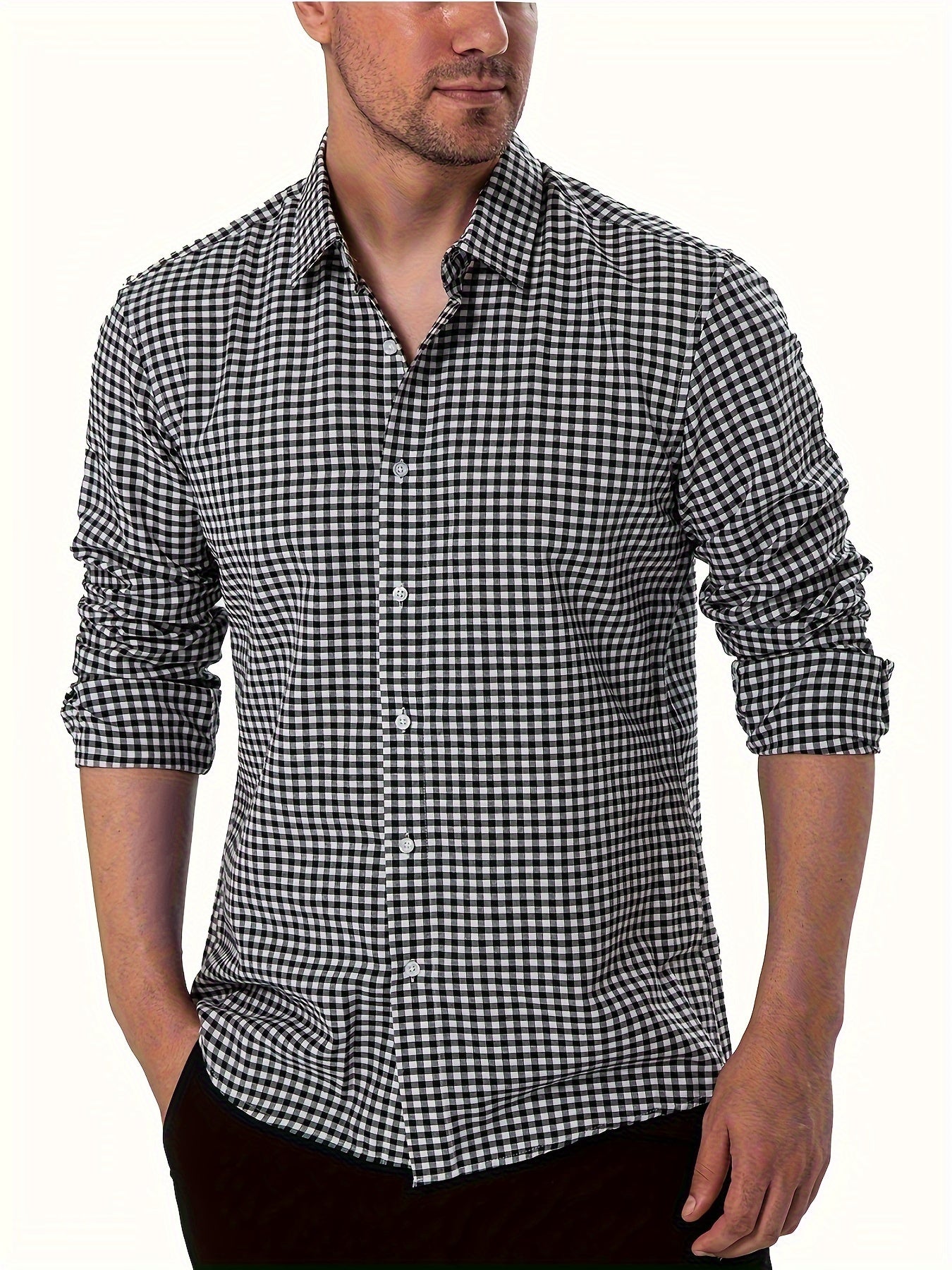 Spring And Fall Pure Cotton Plaid Dress Shirt For Men, Long Sleeve Buttoned Lapel Collar Business Shirt For Formal Occasions