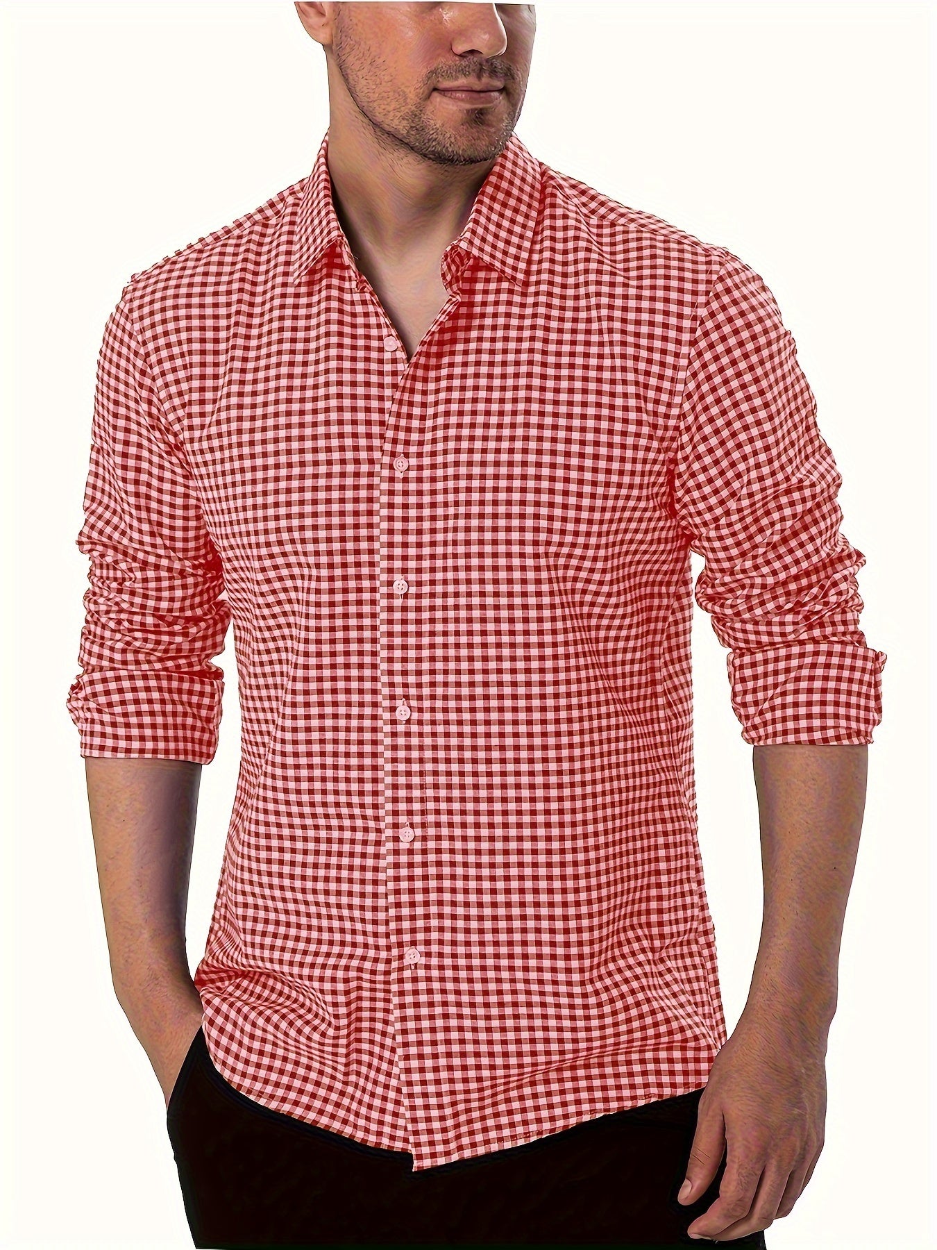 Spring And Fall Pure Cotton Plaid Dress Shirt For Men, Long Sleeve Buttoned Lapel Collar Business Shirt For Formal Occasions