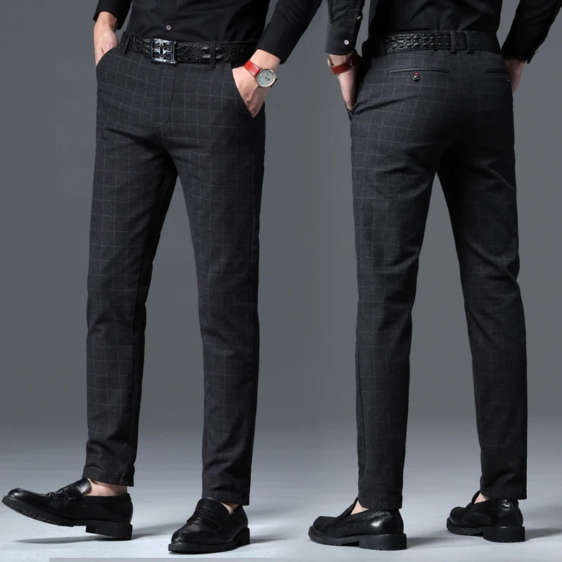2024 Autumn New Men's Slim Plaid Casual Pants Fashion Soft Stretch Business Work Trousers Gentleman Brand Clothes Black Blue