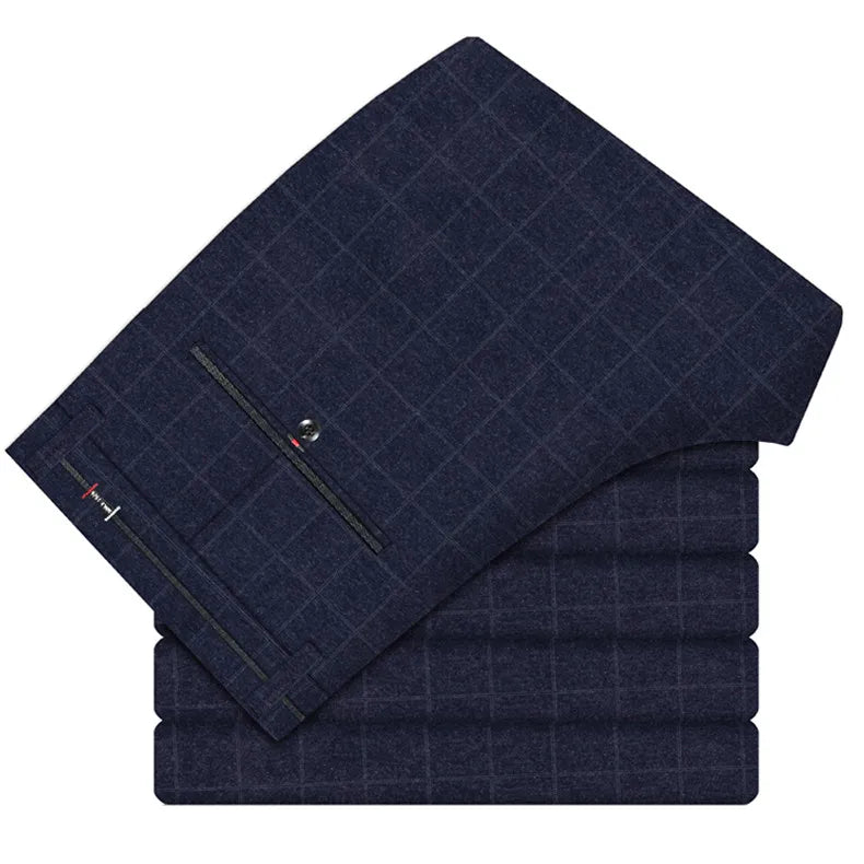2024 Autumn New Men's Slim Plaid Casual Pants Fashion Soft Stretch Business Work Trousers Gentleman Brand Clothes Black Blue