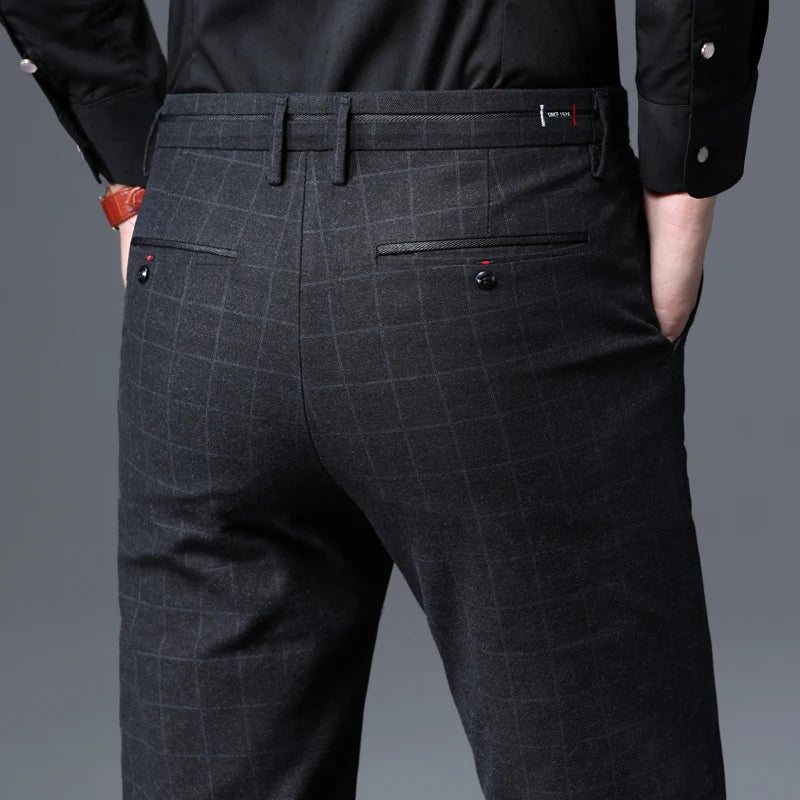 2024 Autumn New Men's Slim Plaid Casual Pants Fashion Soft Stretch Business Work Trousers Gentleman Brand Clothes Black Blue