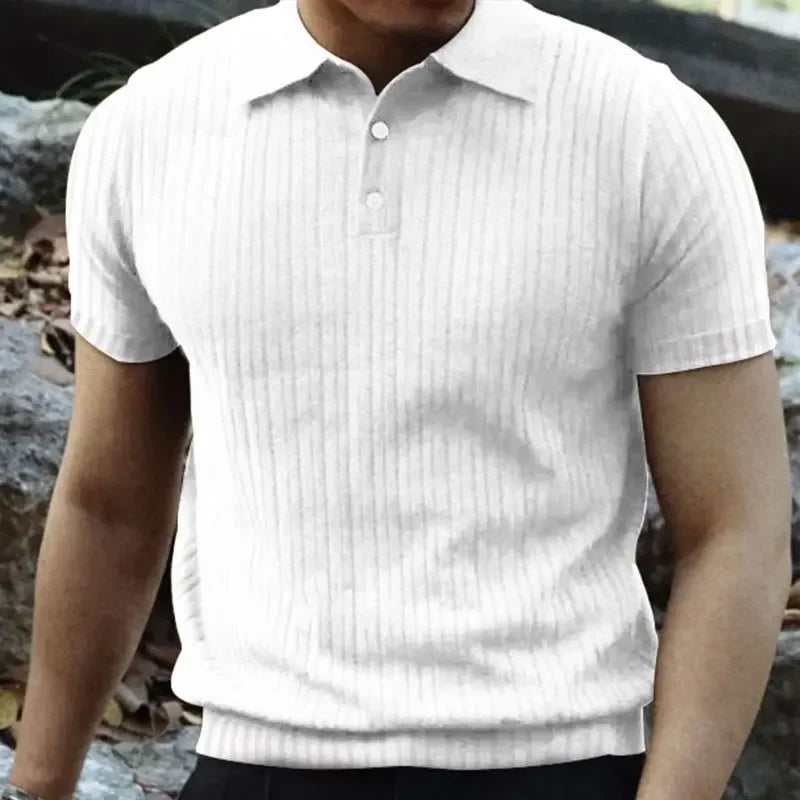 Summer Casual Solid Color Men's T-Shirt Short Sleeve Collared Button up Versatile Top American Retro Style Breathable Tee