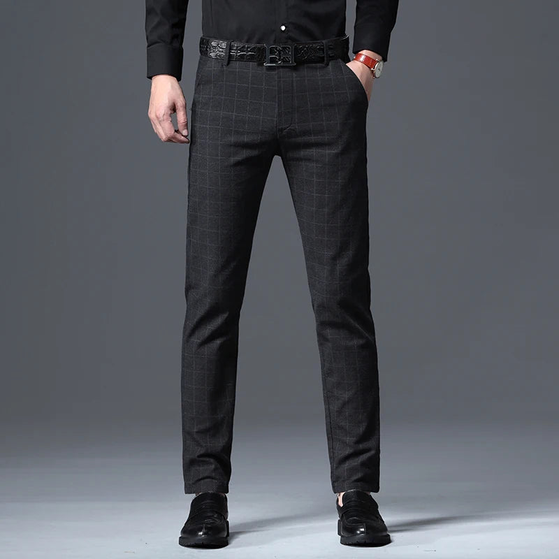 2024 Autumn New Men's Slim Plaid Casual Pants Fashion Soft Stretch Business Work Trousers Gentleman Brand Clothes Black Blue