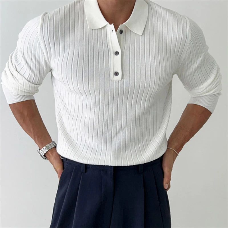 Striped Polo Shirt for Business and Casual Occasionsmen Breathable Stretchy Slim Knitted Pullover, Long-sleeve Sweater