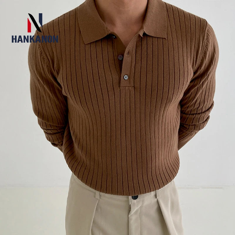 Striped Polo Shirt for Business and Casual Occasionsmen Breathable Stretchy Slim Knitted Pullover, Long-sleeve Sweater