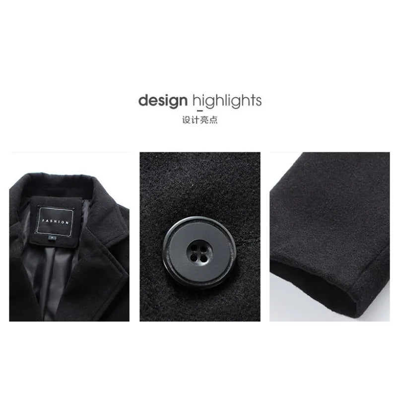 Men's Woolen Coat Jacket Long Cotton Casual Windbreaker Single Breasted Lapel Overcoat Plus Size Fashion Wool Blend Color Coats