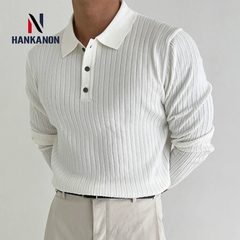Striped Polo Shirt for Business and Casual Occasionsmen Breathable Stretchy Slim Knitted Pullover, Long-sleeve Sweater