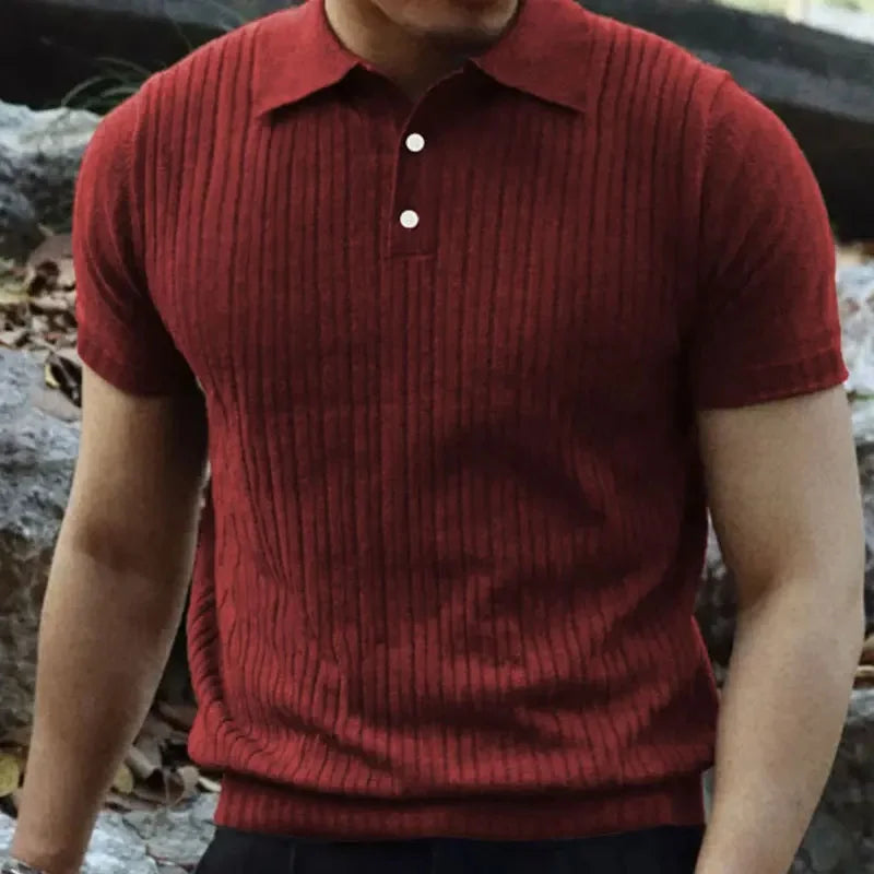 Summer Casual Solid Color Men's T-Shirt Short Sleeve Collared Button up Versatile Top American Retro Style Breathable Tee