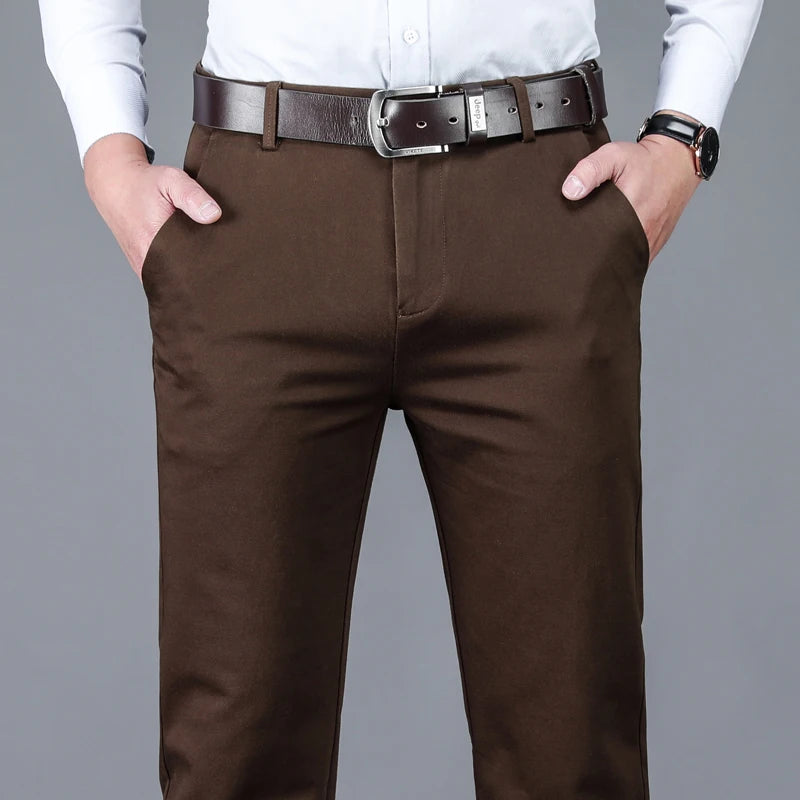 4 Colors Classic Style Men's Brown Business Straight Casual Pants Solid Stretch Cotton High Waist Office Trousers Male Brand