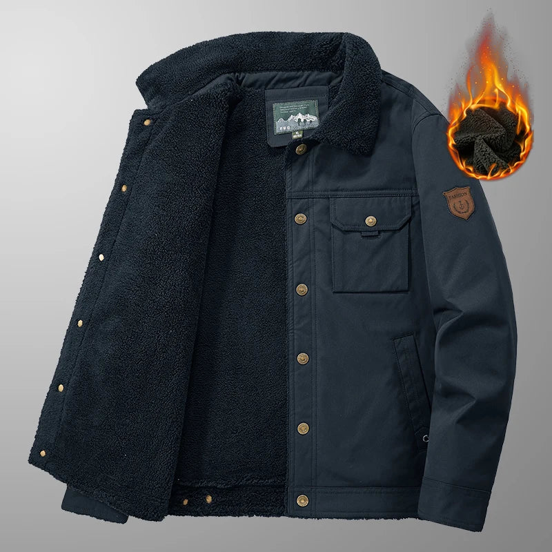 5XL Winter Men Fur Collar Tactical Button Jacket Warm Windproof Padded Outdoor Multiple Pockets Hunting Hiking Men's Work Jacket