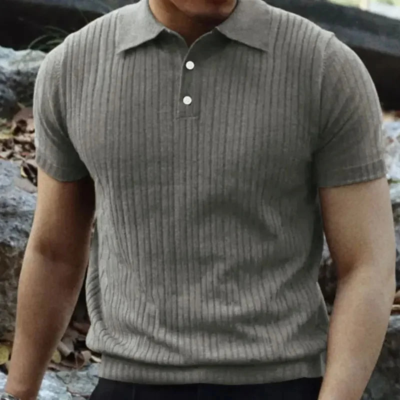 Summer Casual Solid Color Men's T-Shirt Short Sleeve Collared Button up Versatile Top American Retro Style Breathable Tee