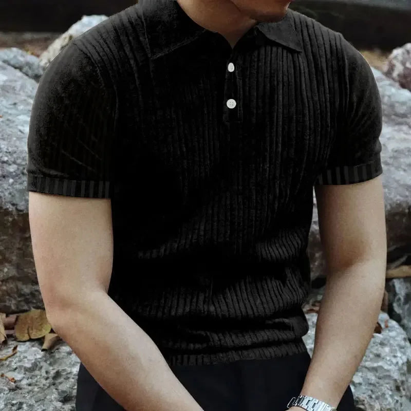 Summer Casual Solid Color Men's T-Shirt Short Sleeve Collared Button up Versatile Top American Retro Style Breathable Tee