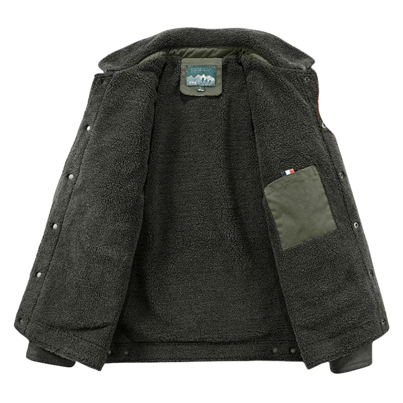 5XL Winter Men Fur Collar Tactical Button Jacket Warm Windproof Padded Outdoor Multiple Pockets Hunting Hiking Men's Work Jacket