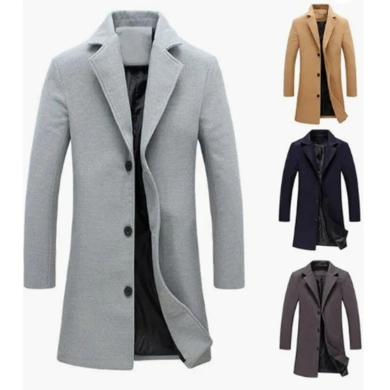 Men's Woolen Coat Jacket Long Cotton Casual Windbreaker Single Breasted Lapel Overcoat Plus Size Fashion Wool Blend Color Coats