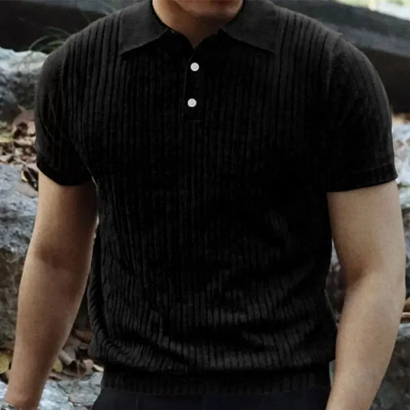 Summer Casual Solid Color Men's T-Shirt Short Sleeve Collared Button up Versatile Top American Retro Style Breathable Tee