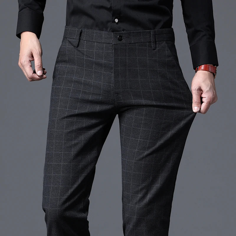 2024 Autumn New Men's Slim Plaid Casual Pants Fashion Soft Stretch Business Work Trousers Gentleman Brand Clothes Black Blue