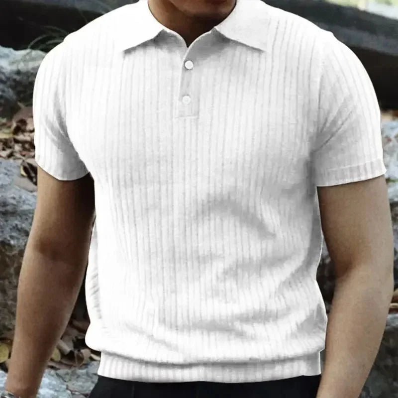 Summer Casual Solid Color Men's T-Shirt Short Sleeve Collared Button up Versatile Top American Retro Style Breathable Tee