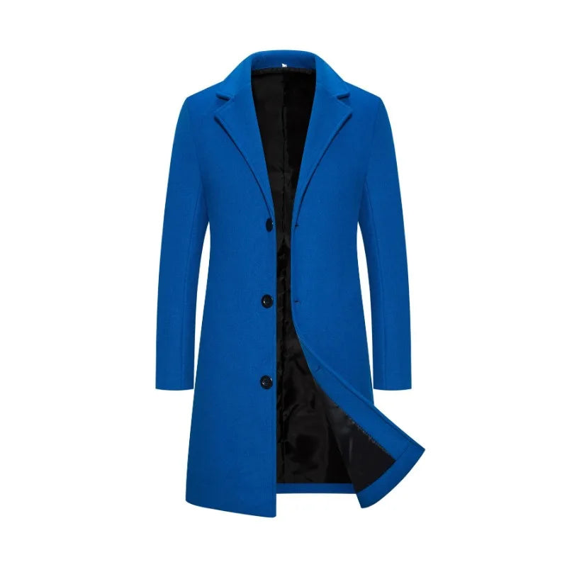 Men's Woolen Coat Jacket Long Cotton Casual Windbreaker Single Breasted Lapel Overcoat Plus Size Fashion Wool Blend Color Coats