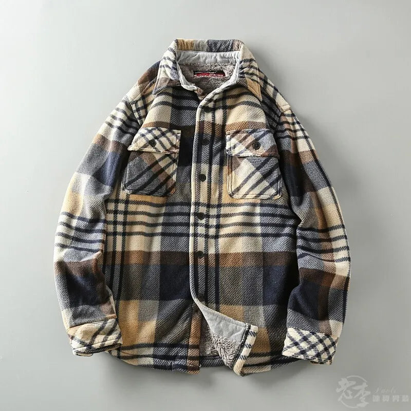 Autumn Winter Men's Lamb Velvet Thick Warm Jacket Retro Casual Chets Pocket Plaid Lapel Button Down Flannel Fleece Shirt Jacket