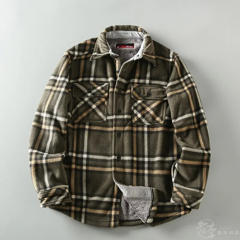 Autumn Winter Men's Lamb Velvet Thick Warm Jacket Retro Casual Chets Pocket Plaid Lapel Button Down Flannel Fleece Shirt Jacket