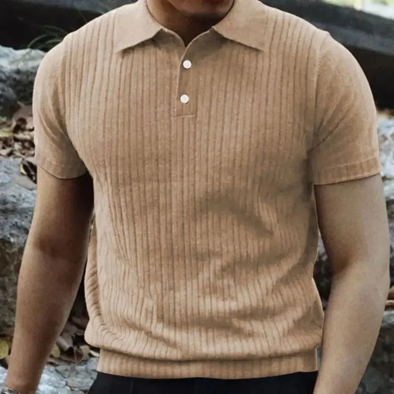 Summer Casual Solid Color Men's T-Shirt Short Sleeve Collared Button up Versatile Top American Retro Style Breathable Tee