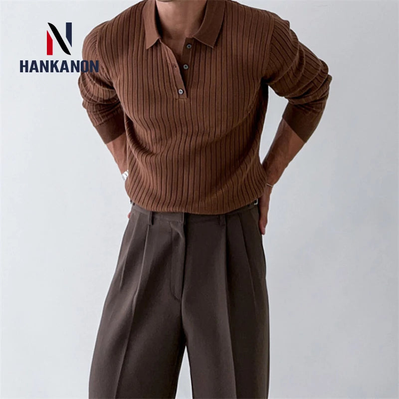 Striped Polo Shirt for Business and Casual Occasionsmen Breathable Stretchy Slim Knitted Pullover, Long-sleeve Sweater