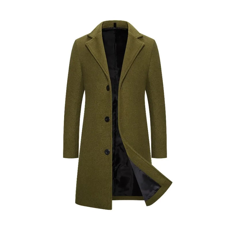 Men's Woolen Coat Jacket Long Cotton Casual Windbreaker Single Breasted Lapel Overcoat Plus Size Fashion Wool Blend Color Coats