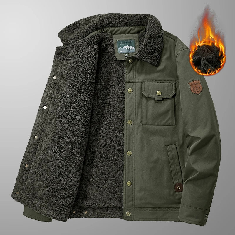 5XL Winter Men Fur Collar Tactical Button Jacket Warm Windproof Padded Outdoor Multiple Pockets Hunting Hiking Men's Work Jacket