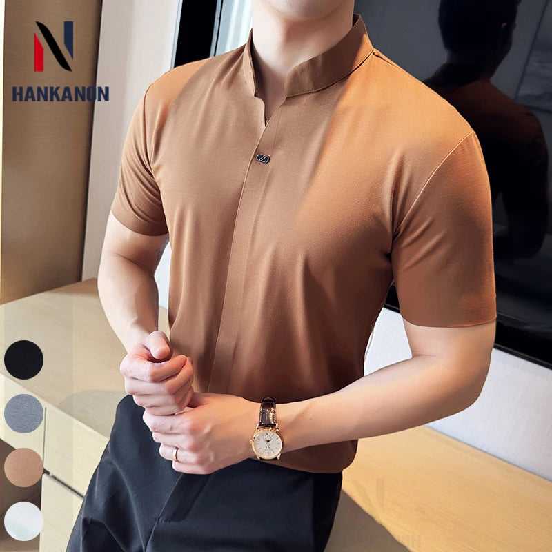 Men's High Elastic V-neck Polo Shirt, Thin Short-sleeve T-shirt, Business Casual Men's Top, 2024 High Quality, M-4XL.