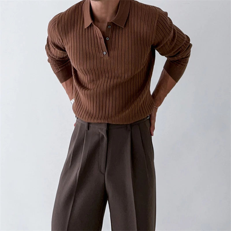 Striped Polo Shirt for Business and Casual Occasionsmen Breathable Stretchy Slim Knitted Pullover, Long-sleeve Sweater
