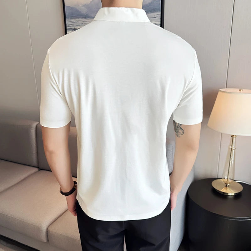 Men's High Elastic V-neck Polo Shirt, Thin Short-sleeve T-shirt, Business Casual Men's Top, 2024 High Quality, M-4XL.