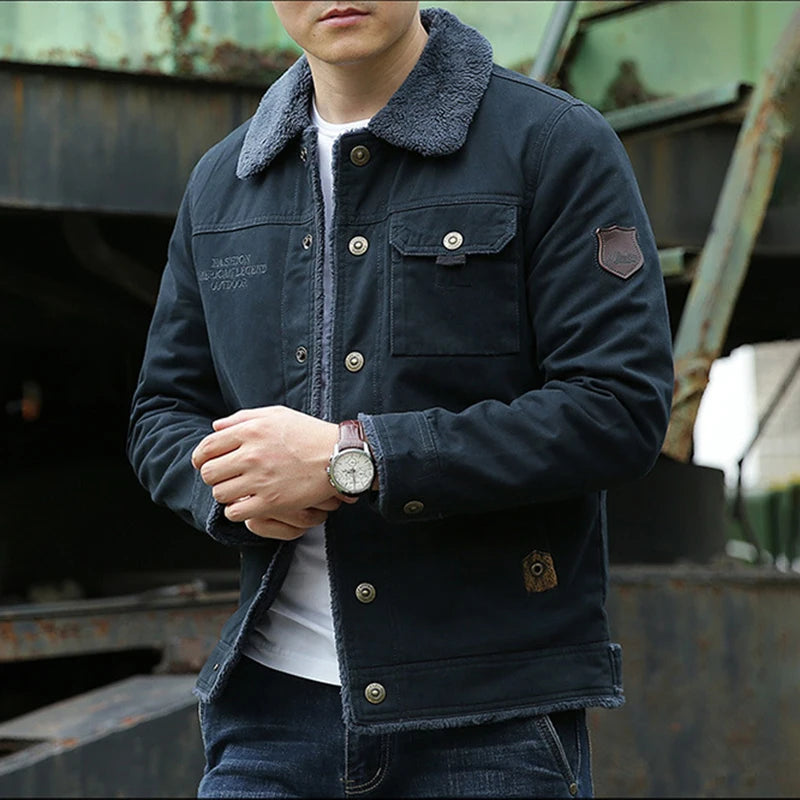 5XL Winter Men Fur Collar Tactical Button Jacket Warm Windproof Padded Outdoor Multiple Pockets Hunting Hiking Men's Work Jacket