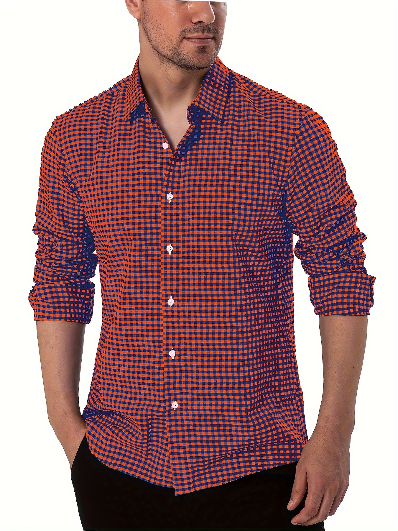 Spring And Fall Pure Cotton Plaid Dress Shirt For Men, Long Sleeve Buttoned Lapel Collar Business Shirt For Formal Occasions