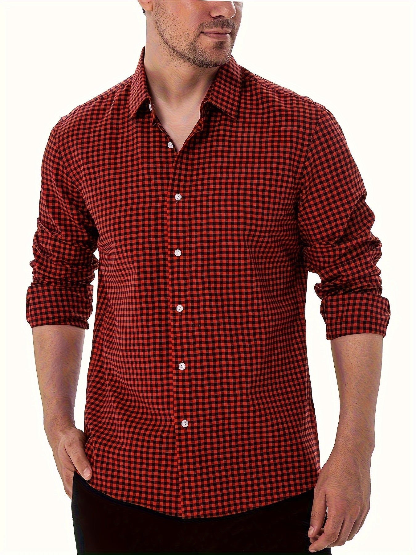 Spring And Fall Pure Cotton Plaid Dress Shirt For Men, Long Sleeve Buttoned Lapel Collar Business Shirt For Formal Occasions