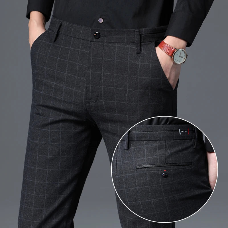 2024 Autumn New Men's Slim Plaid Casual Pants Fashion Soft Stretch Business Work Trousers Gentleman Brand Clothes Black Blue