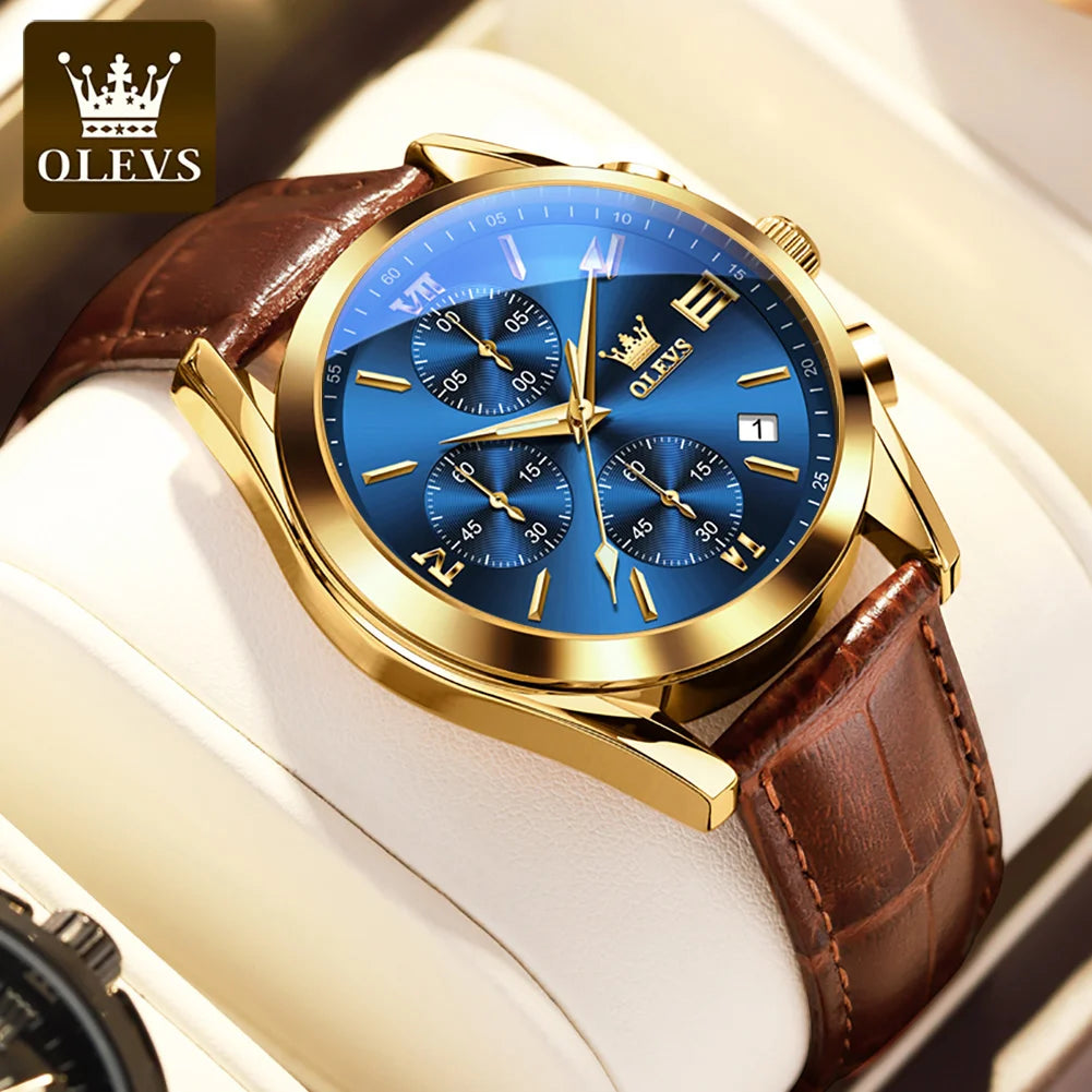 OLEVS 2872 Original Quartz Watch for Men Leather Strap Chronograph 30m Waterproof Watch Auto Date Clock Sports Men's Wristwatch