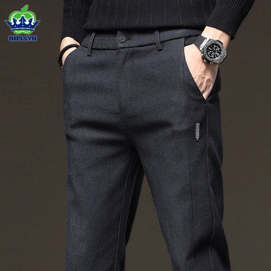 2023 New Spring Autumn Fashion Cotton Long Pants Men Thick Suit Elastic Waist Slim Business Casual Office Formal Trousers Male