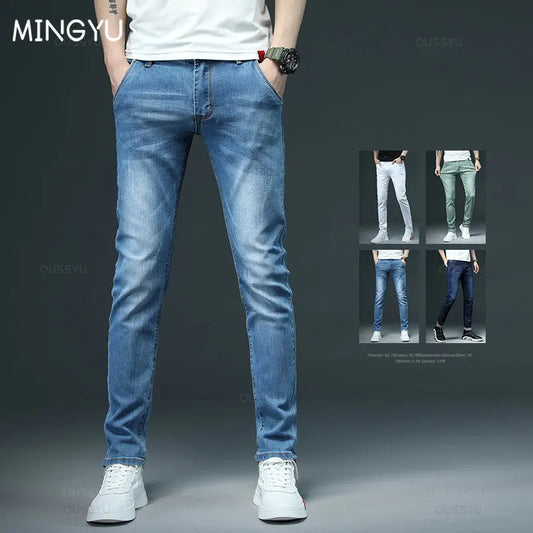 Fashion Brand Clothing Solid Color Cotton Jeans Men Skinny Stretch Casual Slim Blue High-Quality Classic Denim Trousers Male 38