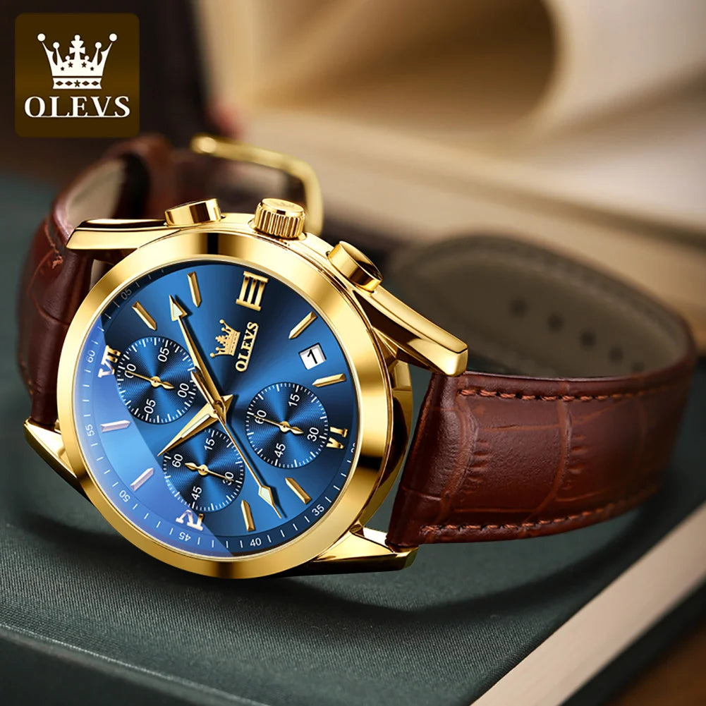 OLEVS 2872 Original Quartz Watch for Men Leather Strap Chronograph 30m Waterproof Watch Auto Date Clock Sports Men's Wristwatch