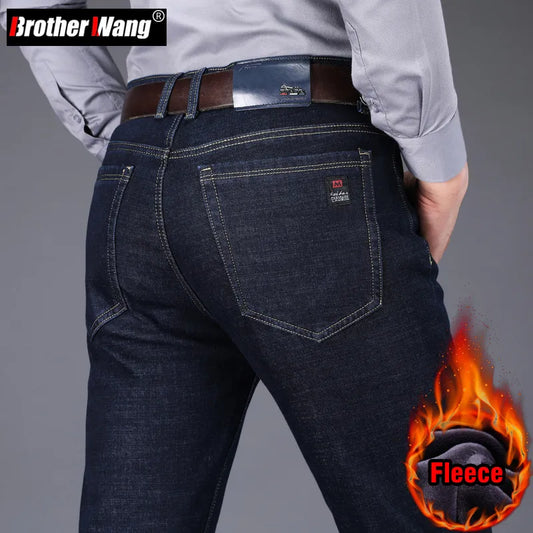 2022 Winter New Men's Fleece Warm Jeans Classic Style Business Casual Thicken Regular Fit Denim Pants Black Blue Brand Trousers