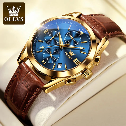 OLEVS 2872 Original Quartz Watch for Men Leather Strap Chronograph 30m Waterproof Watch Auto Date Clock Sports Men's Wristwatch