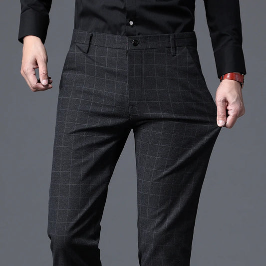 2024 Autumn New Men's Slim Plaid Casual Pants Fashion Soft Stretch Business Work Trousers Gentleman Brand Clothes Black Blue