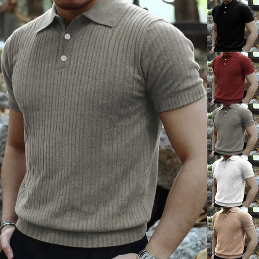 Summer Casual Solid Color Men's T-Shirt Short Sleeve Collared Button up Versatile Top American Retro Style Breathable Tee