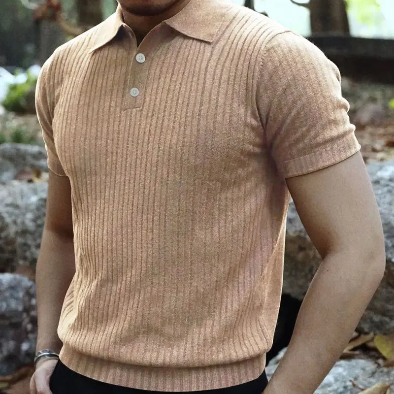 Summer Casual Solid Color Men's T-Shirt Short Sleeve Collared Button up Versatile Top American Retro Style Breathable Tee
