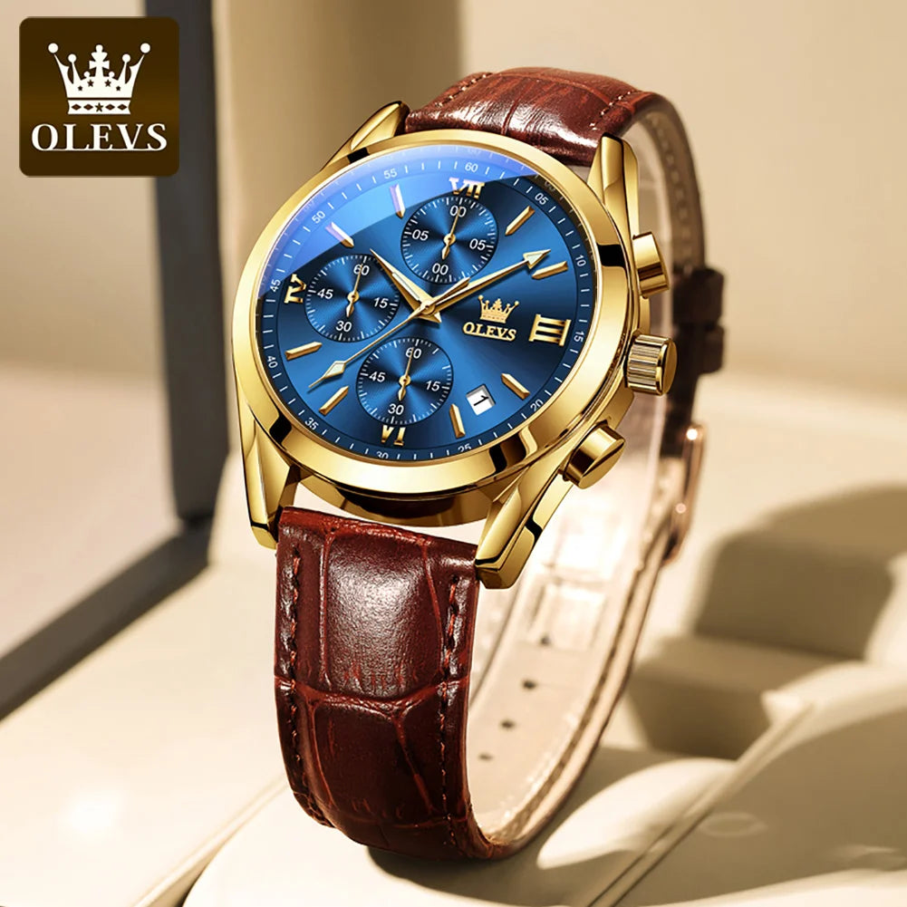 OLEVS 2872 Original Quartz Watch for Men Leather Strap Chronograph 30m Waterproof Watch Auto Date Clock Sports Men's Wristwatch