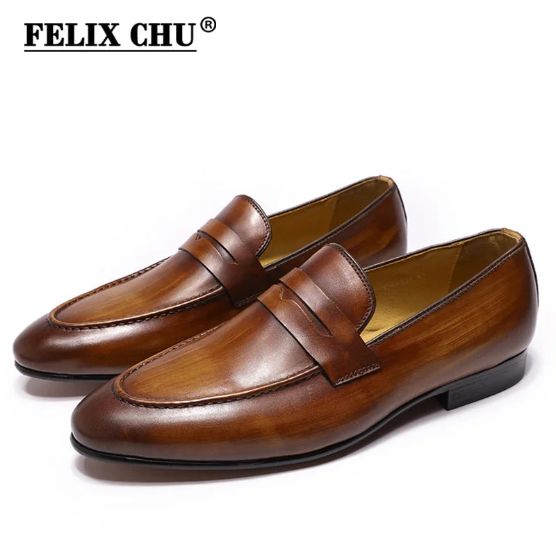 حذاء FELIX CHU للرجال من Penny Loafers مصنوع من الجلد الطبيعي أنيق لحفلات الزفاف وحفلات الزفاف حذاء كاجوال باللون البني والأسود للرجال