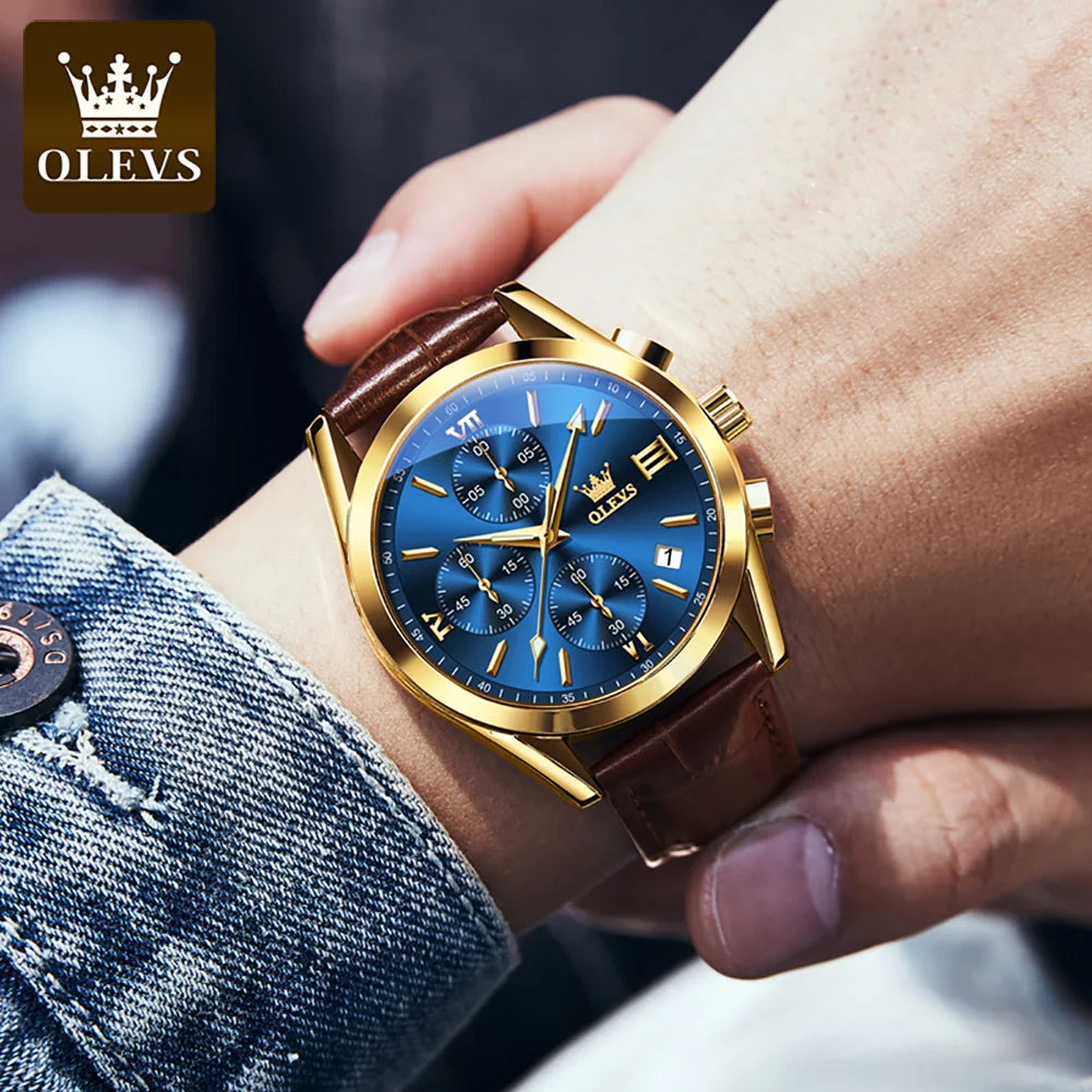 OLEVS 2872 Original Quartz Watch for Men Leather Strap Chronograph 30m Waterproof Watch Auto Date Clock Sports Men's Wristwatch